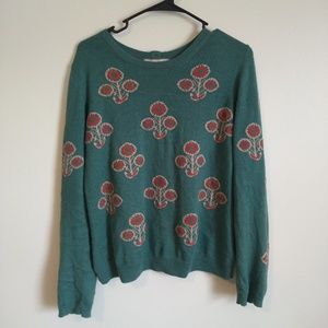 Green and orange floral long sleeve sweater size L